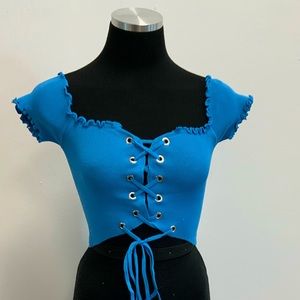 Corset style tie up s/s crop top- blue